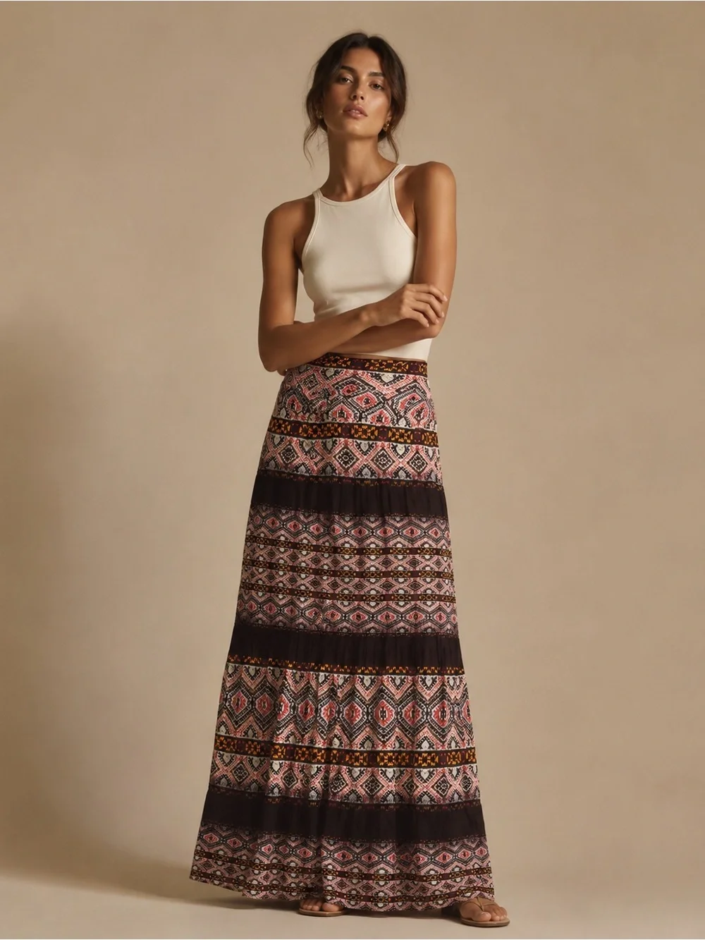 Renee C. Tiered Geometric Maxi Skirt in Black & Pink